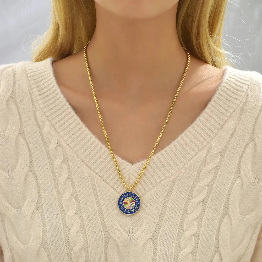 Gold Zodiac Medallion Necklace - Enamel Astrology Jewelry for Women