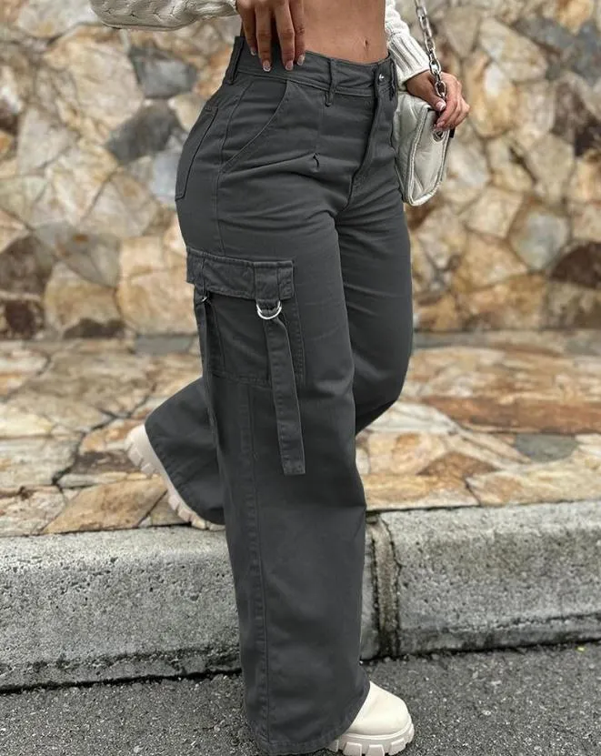 Green Cargo Pants Pocket Design High Waist Button Solid Color Pants Summer Fashion Loose Women's Pants Streetwear