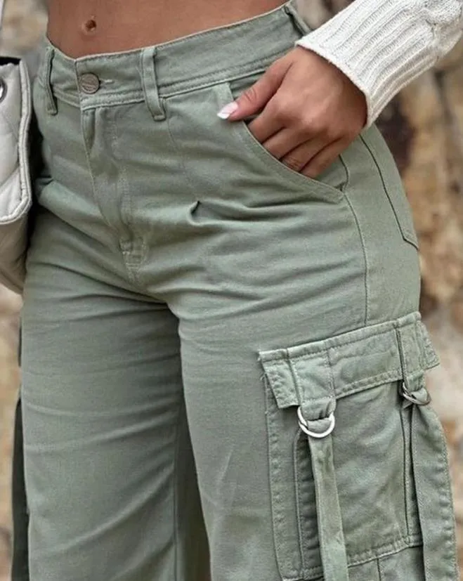 Green Cargo Pants Pocket Design High Waist Button Solid Color Pants Summer Fashion Loose Women's Pants Streetwear
