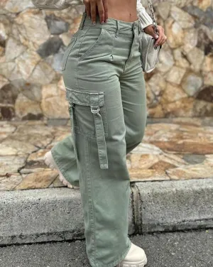 Green Cargo Pants Pocket Design High Waist Button Solid Color Pants Summer Fashion Loose Women's Pants Streetwear