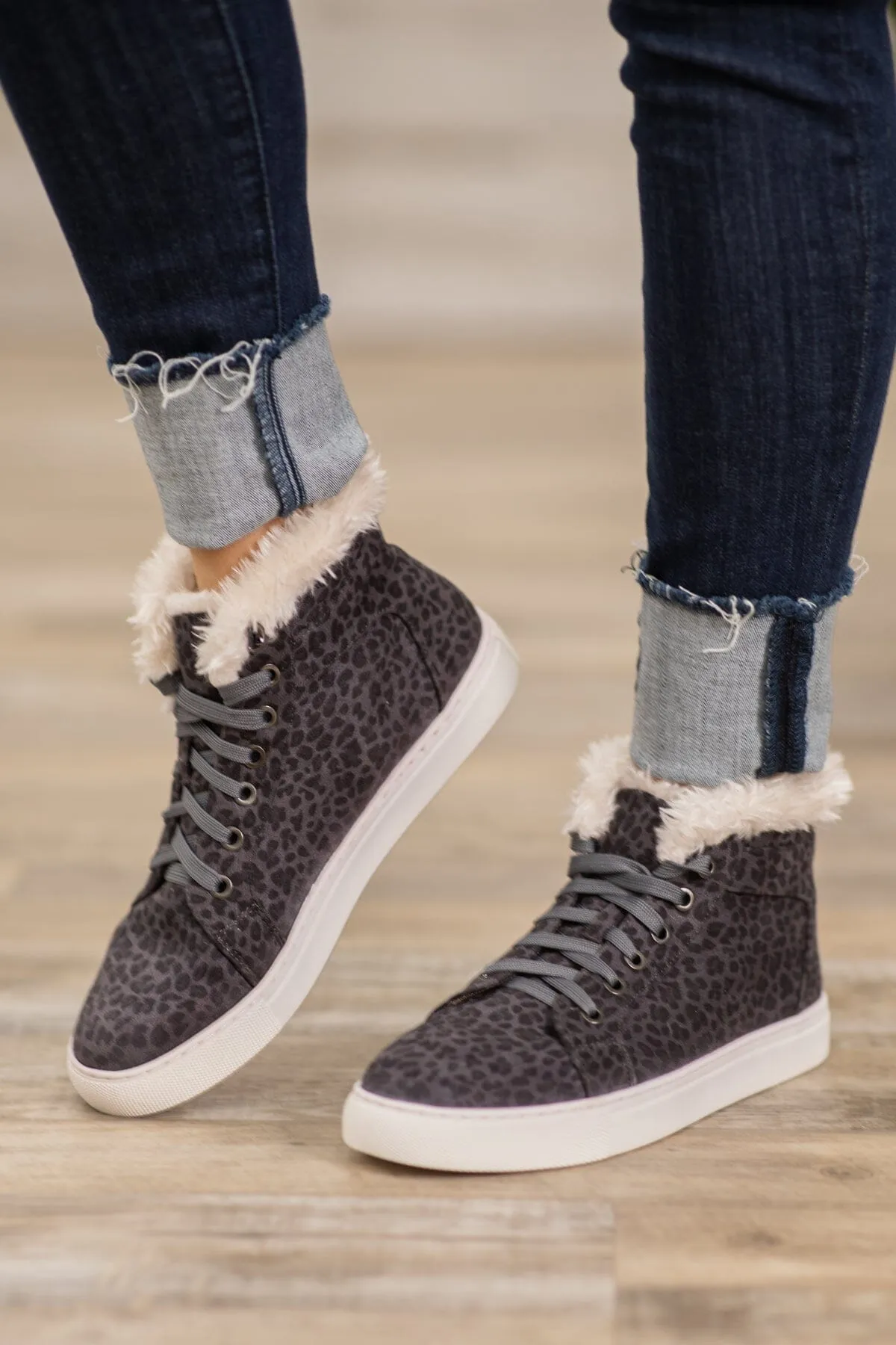 Grey Heathered High Top Faux Fur Trim Sneakers