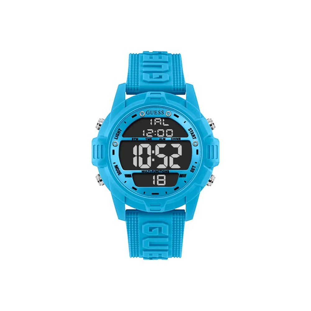 Guess Digital Watch Blue Plastic Case With Black Digital Dial And Blue Guess Logo Silicone Strap