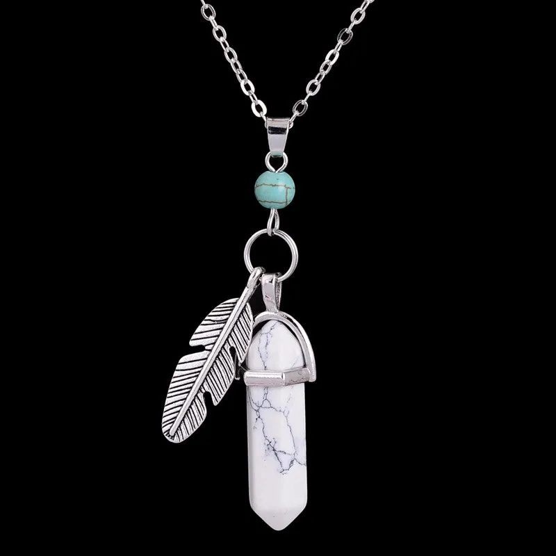 Hexagonal Healing Natural Stone Feather Charm Necklace