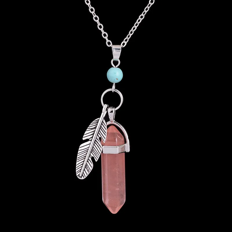 Hexagonal Healing Natural Stone Feather Charm Necklace