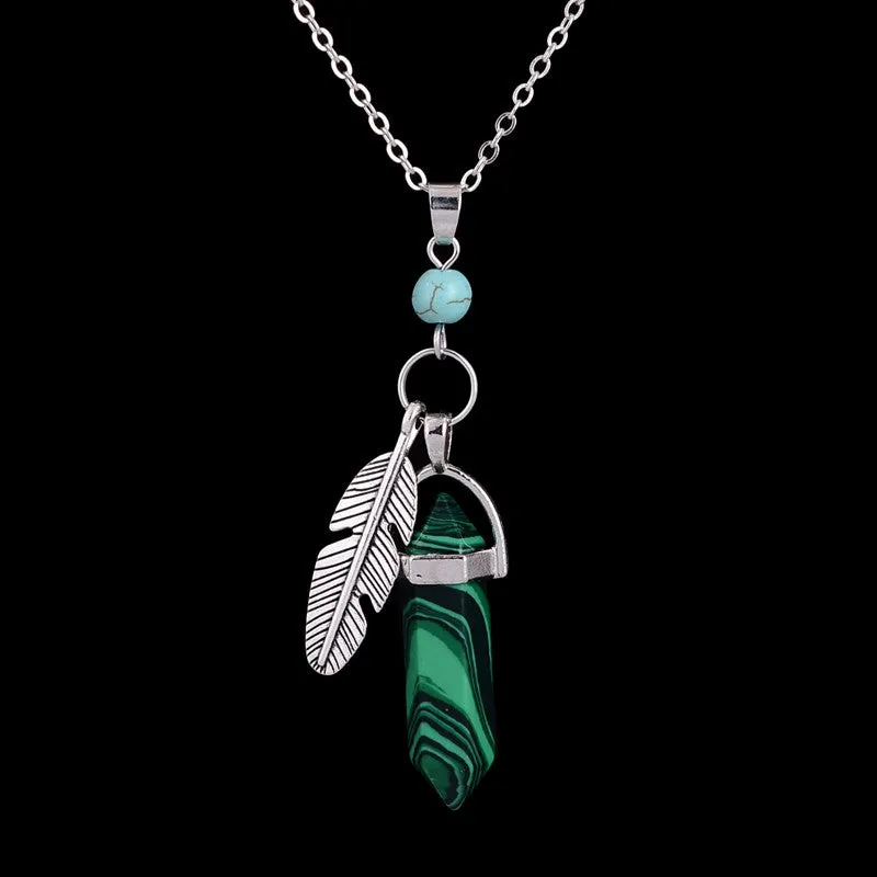 Hexagonal Healing Natural Stone Feather Charm Necklace