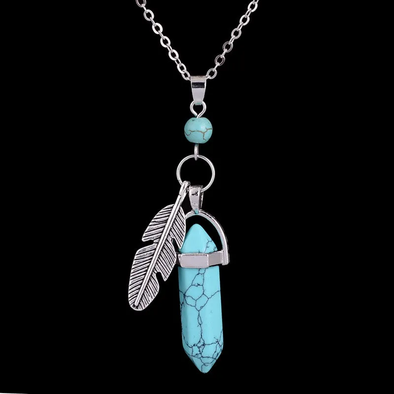 Hexagonal Healing Natural Stone Feather Charm Necklace