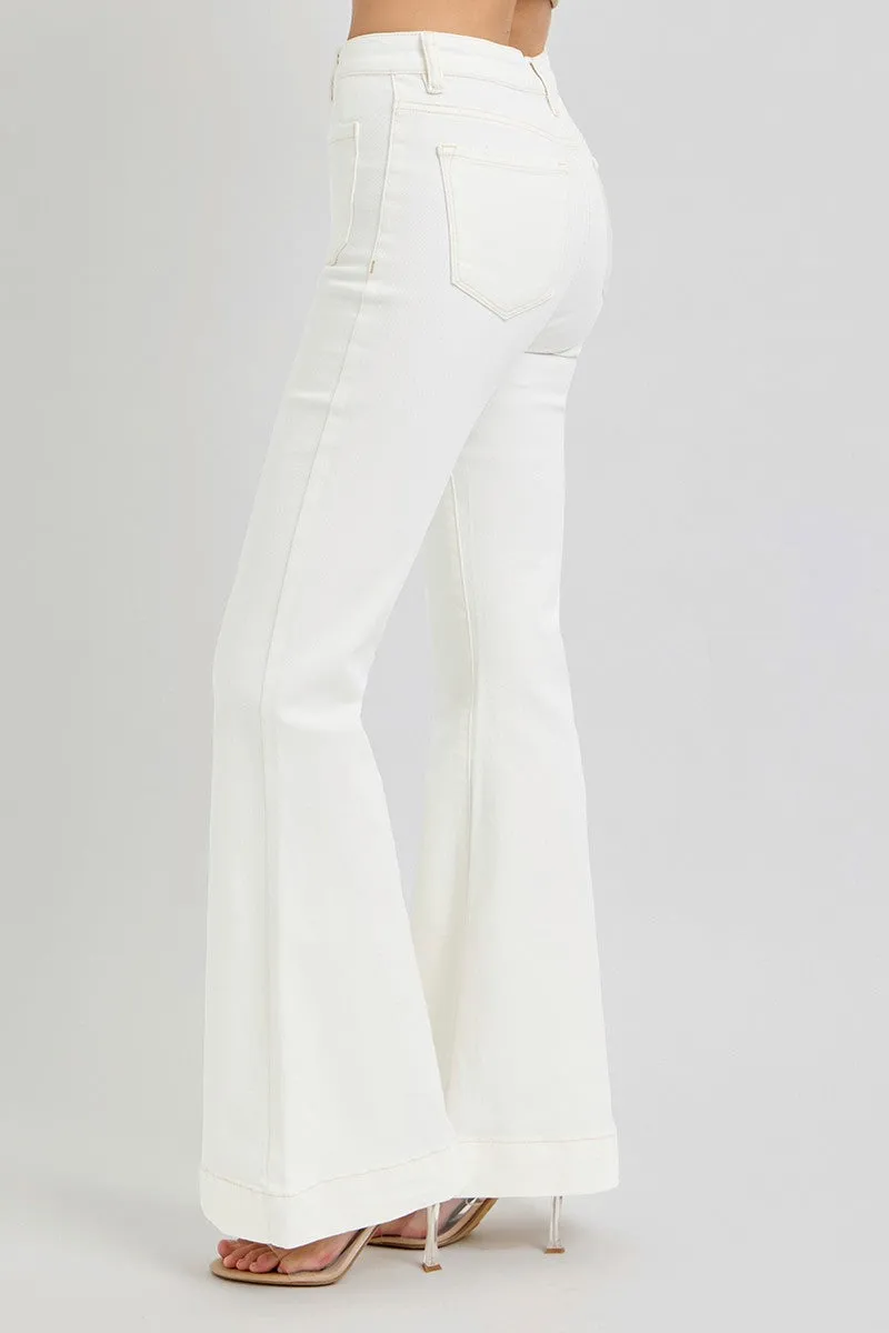 HIGH RISE CREAM FLARE PATCH POCKET PANTS