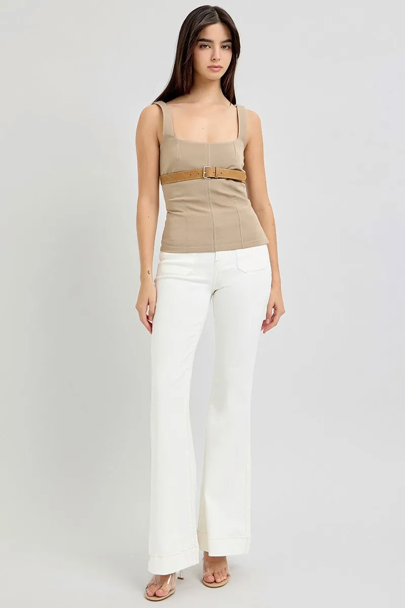 HIGH RISE CREAM FLARE PATCH POCKET PANTS
