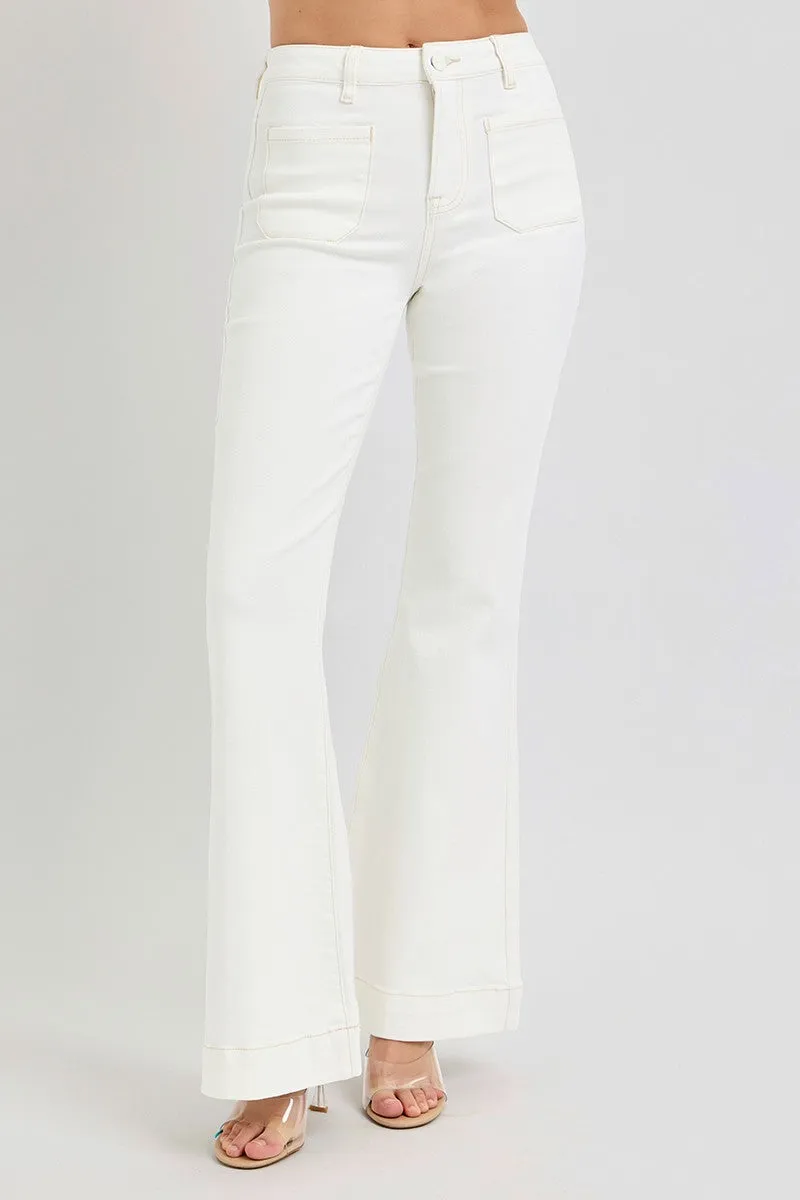 HIGH RISE CREAM FLARE PATCH POCKET PANTS