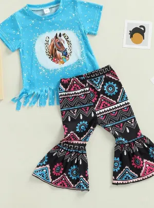 Horse Head  Tassel Top & Flare Pants 2PCS Set