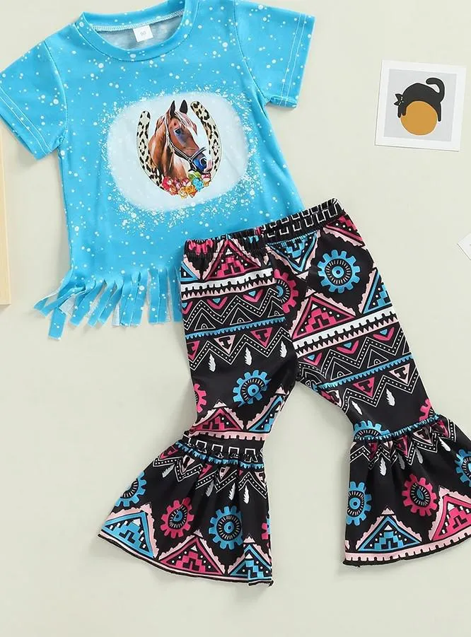 Horse Head  Tassel Top & Flare Pants 2PCS Set