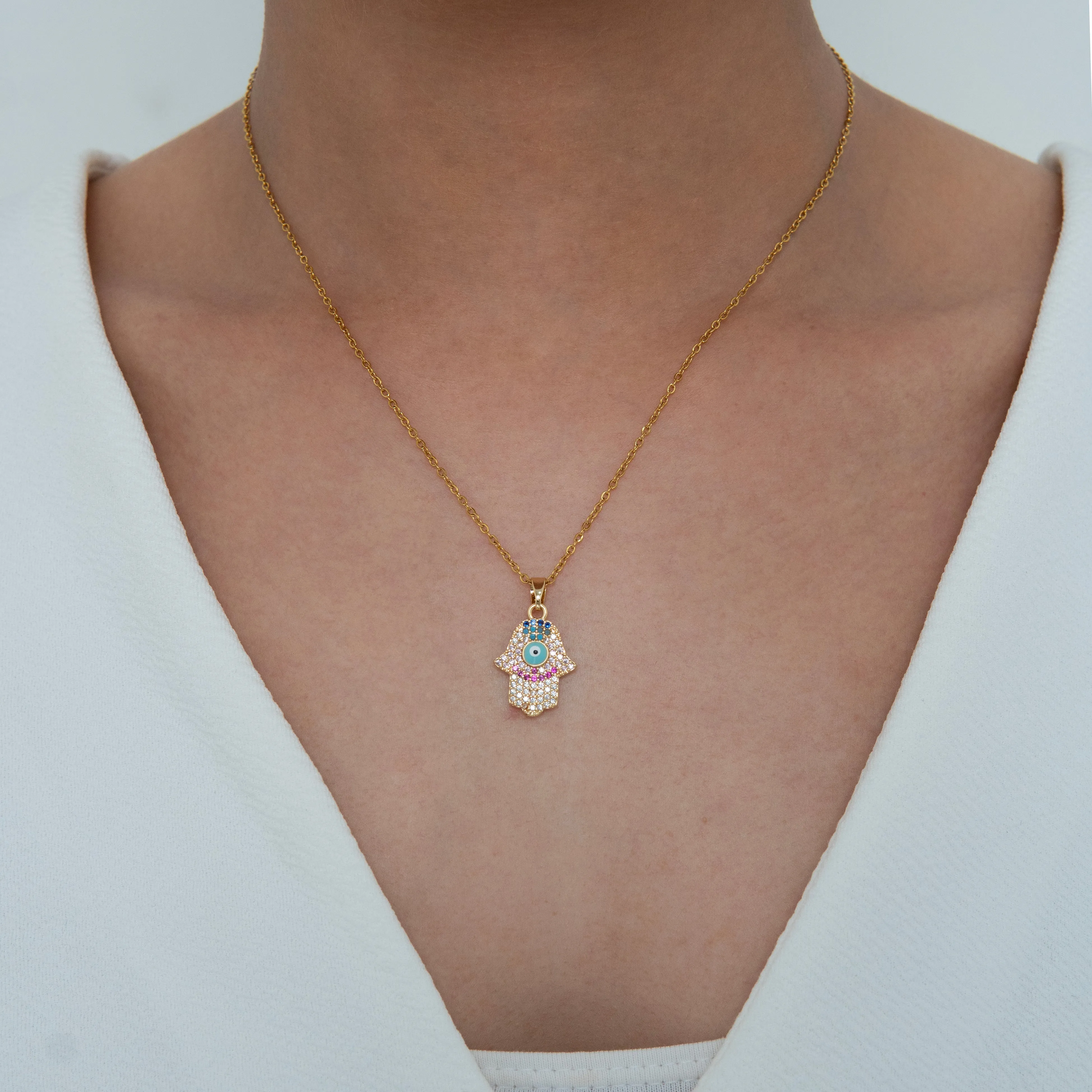 Iced Hand Evil Eye Diamond Necklace Gold Plated, Waterproof and Anti-Tarnish