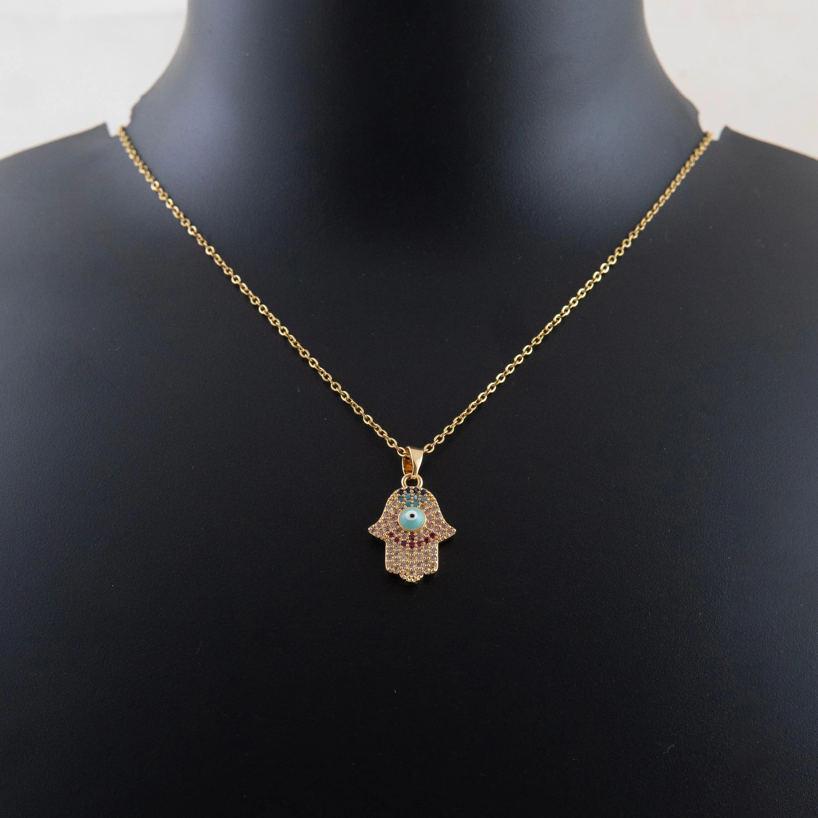 Iced Hand Evil Eye Diamond Necklace Gold Plated, Waterproof and Anti-Tarnish