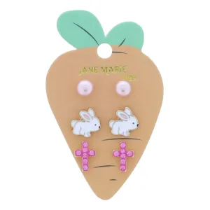 Jane Marie 3 Stud Set Earrings- Pink Pearl, White Enamel Bunny, Hot Pink Crystal, and Enamel Cross