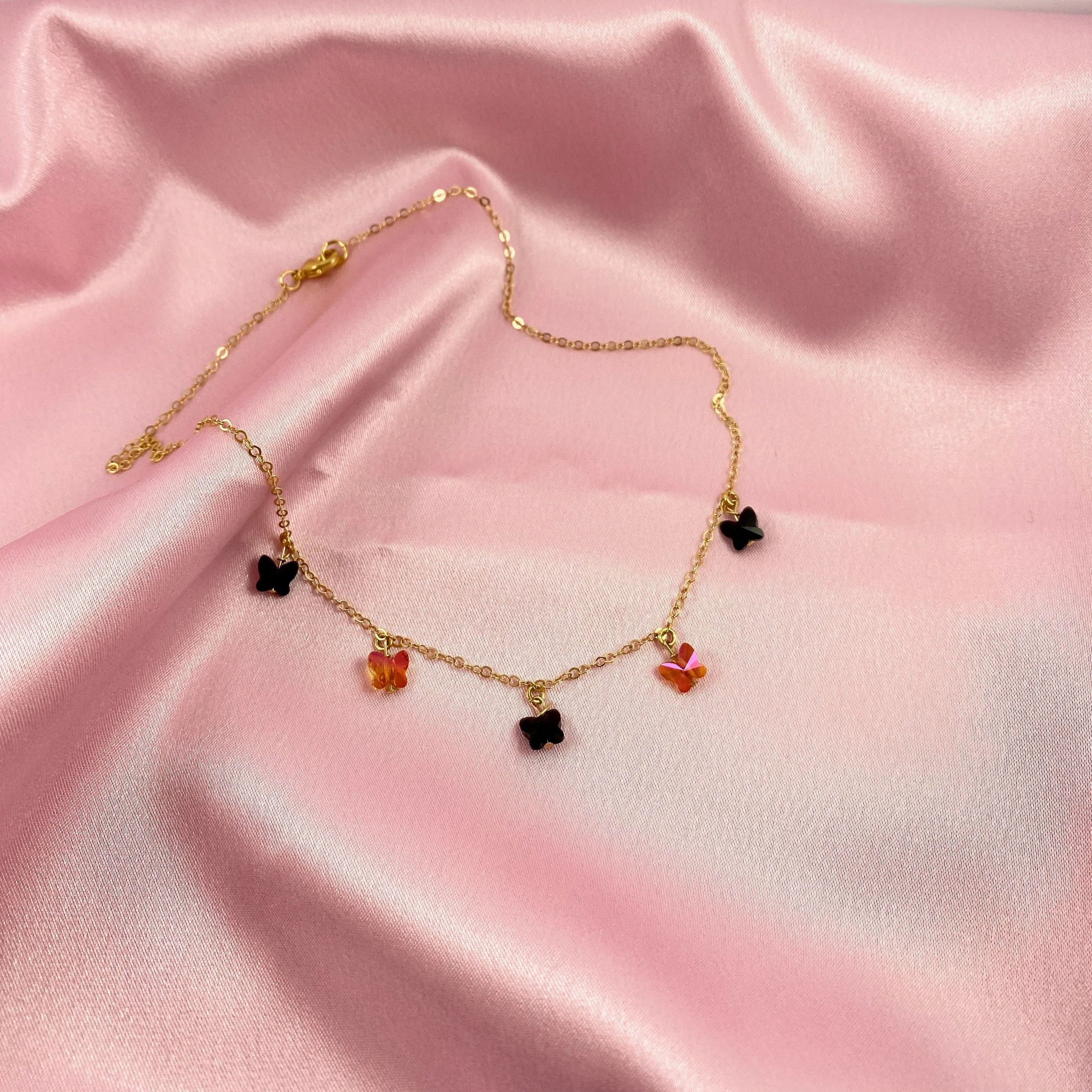 Jet Black Onyx & Astral Pink Butterfly Choker 14K Gold Necklace