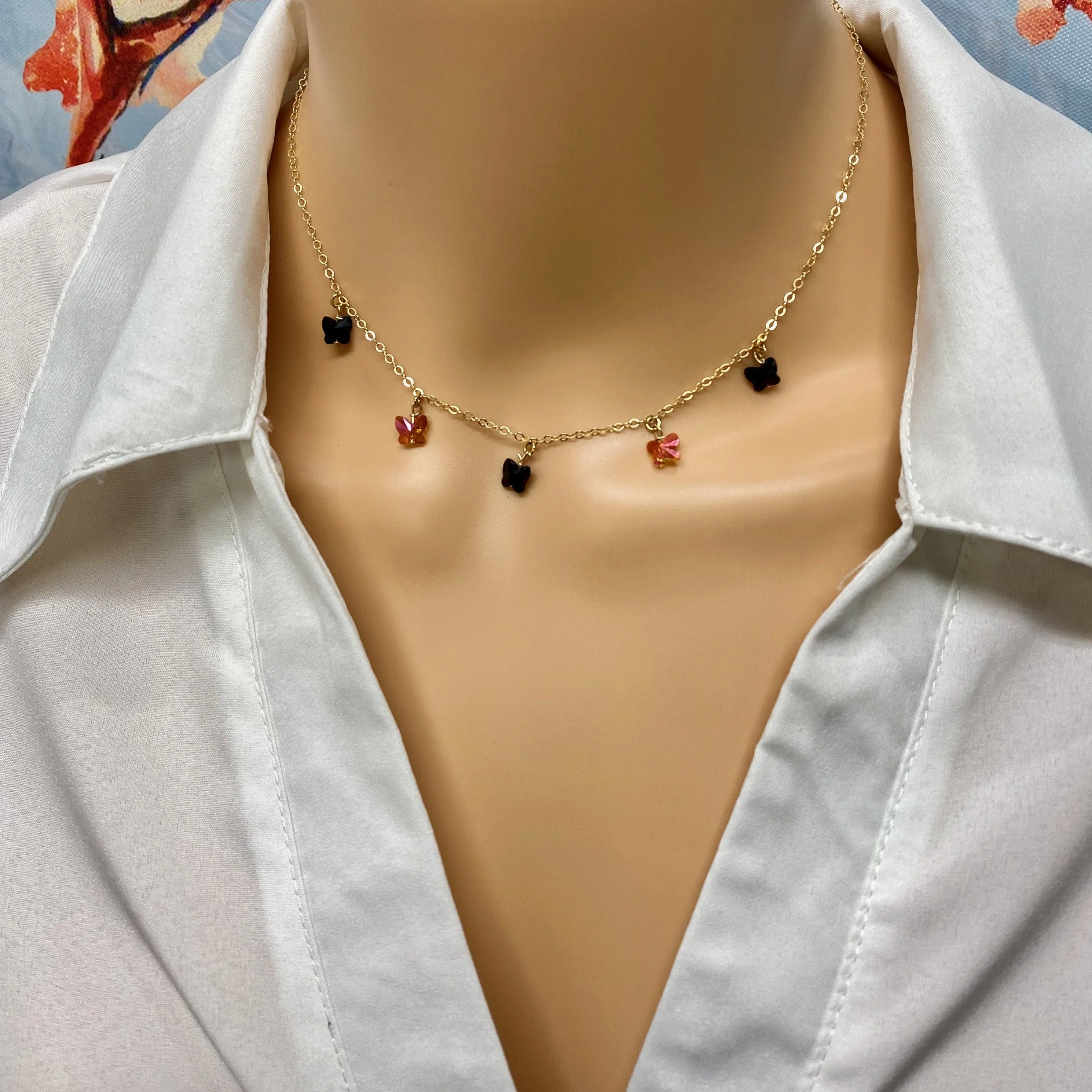 Jet Black Onyx & Astral Pink Butterfly Choker 14K Gold Necklace