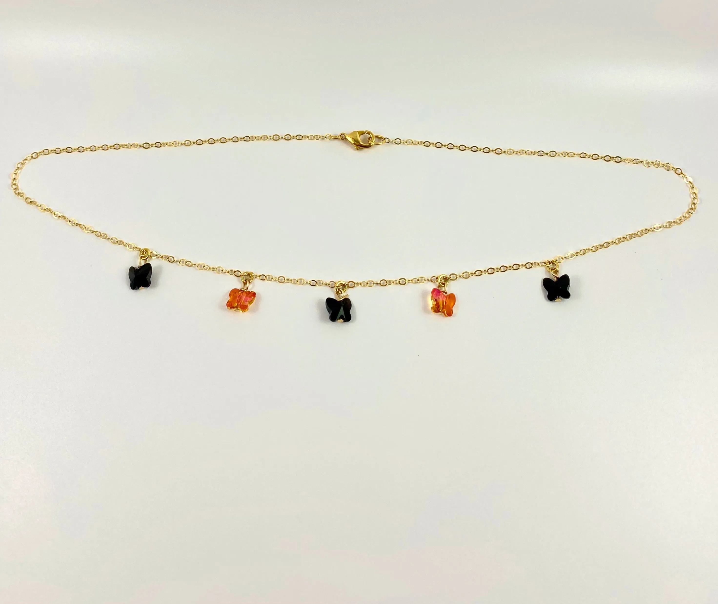 Jet Black Onyx & Astral Pink Butterfly Choker 14K Gold Necklace
