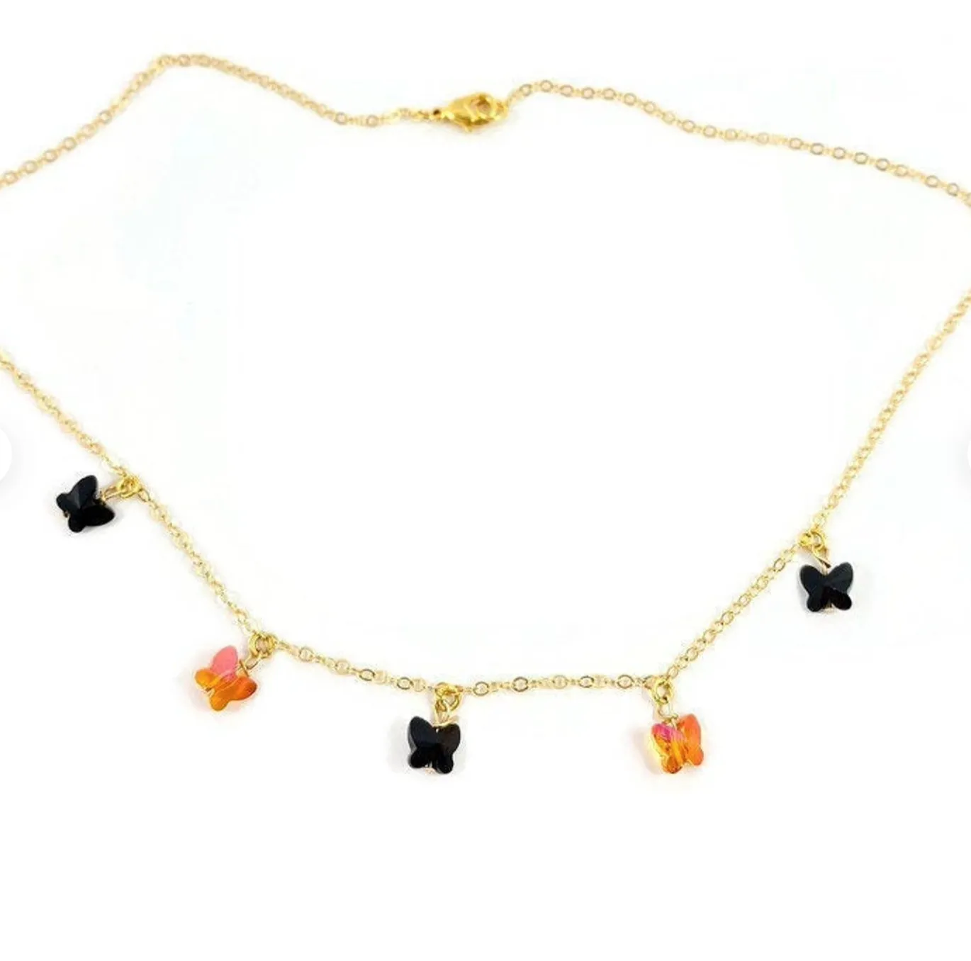 Jet Black Onyx & Astral Pink Butterfly Choker 14K Gold Necklace