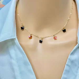 Jet Black Onyx & Astral Pink Butterfly Choker 14K Gold Necklace
