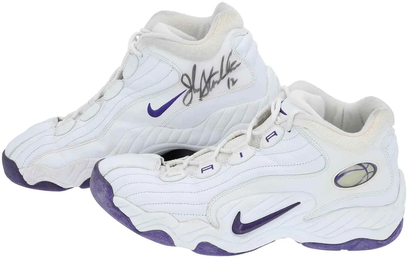 John Stockton Twice Signed Game Used Utah Jazz 1997-98 Nike Sneakers BAS Mears