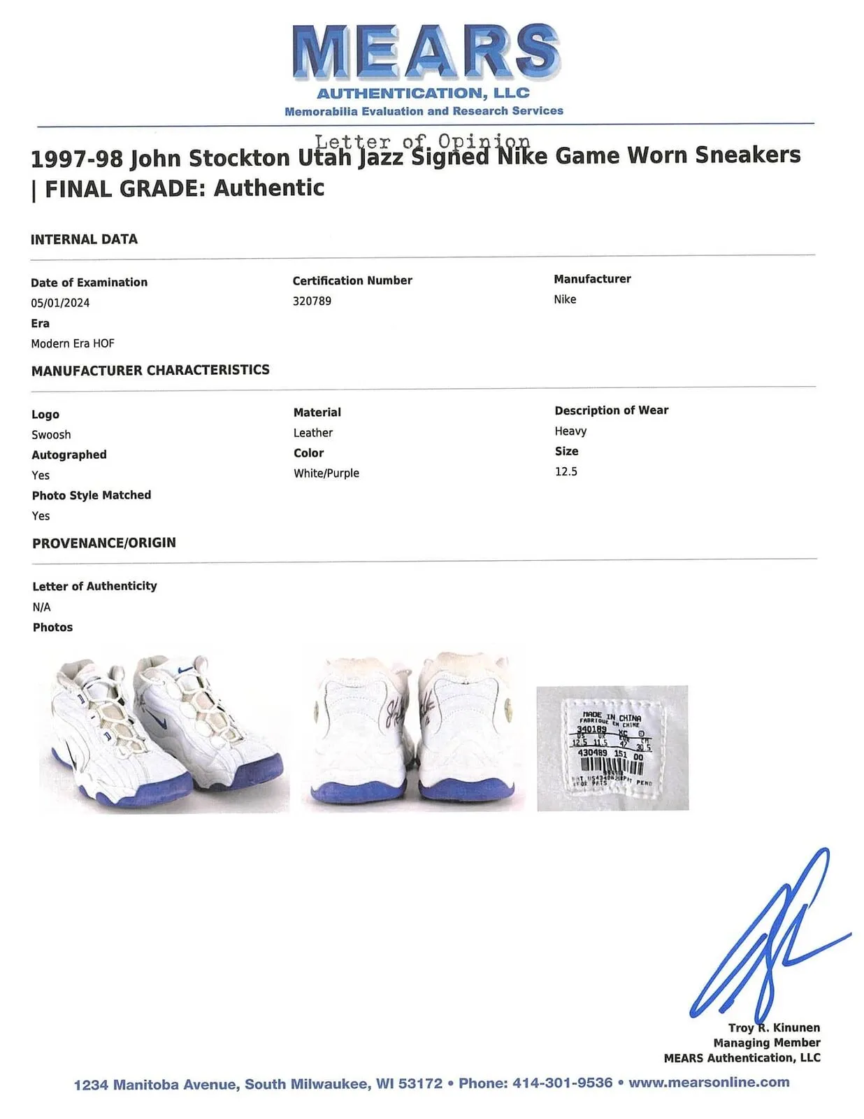 John Stockton Twice Signed Game Used Utah Jazz 1997-98 Nike Sneakers BAS Mears