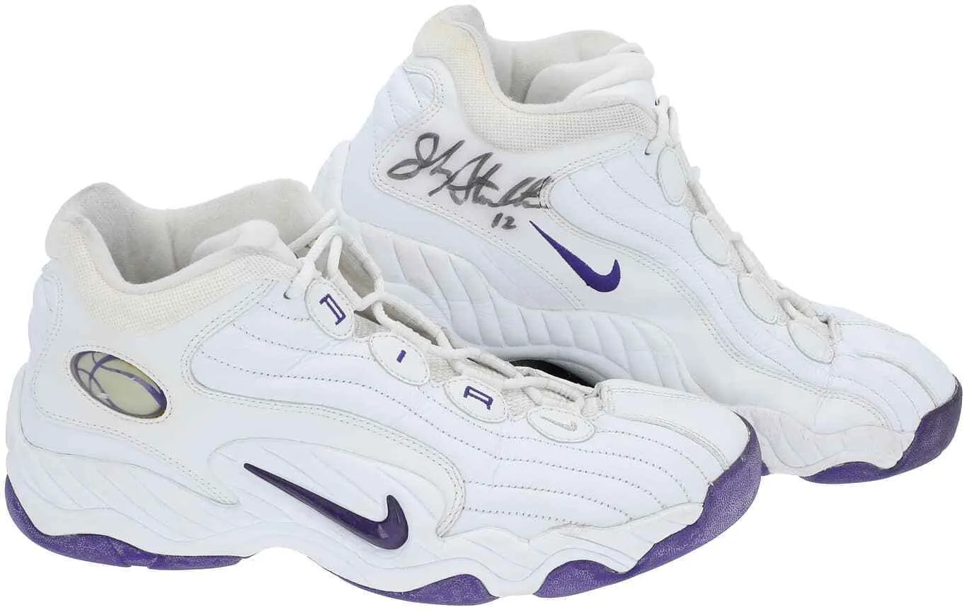 John Stockton Twice Signed Game Used Utah Jazz 1997-98 Nike Sneakers BAS Mears