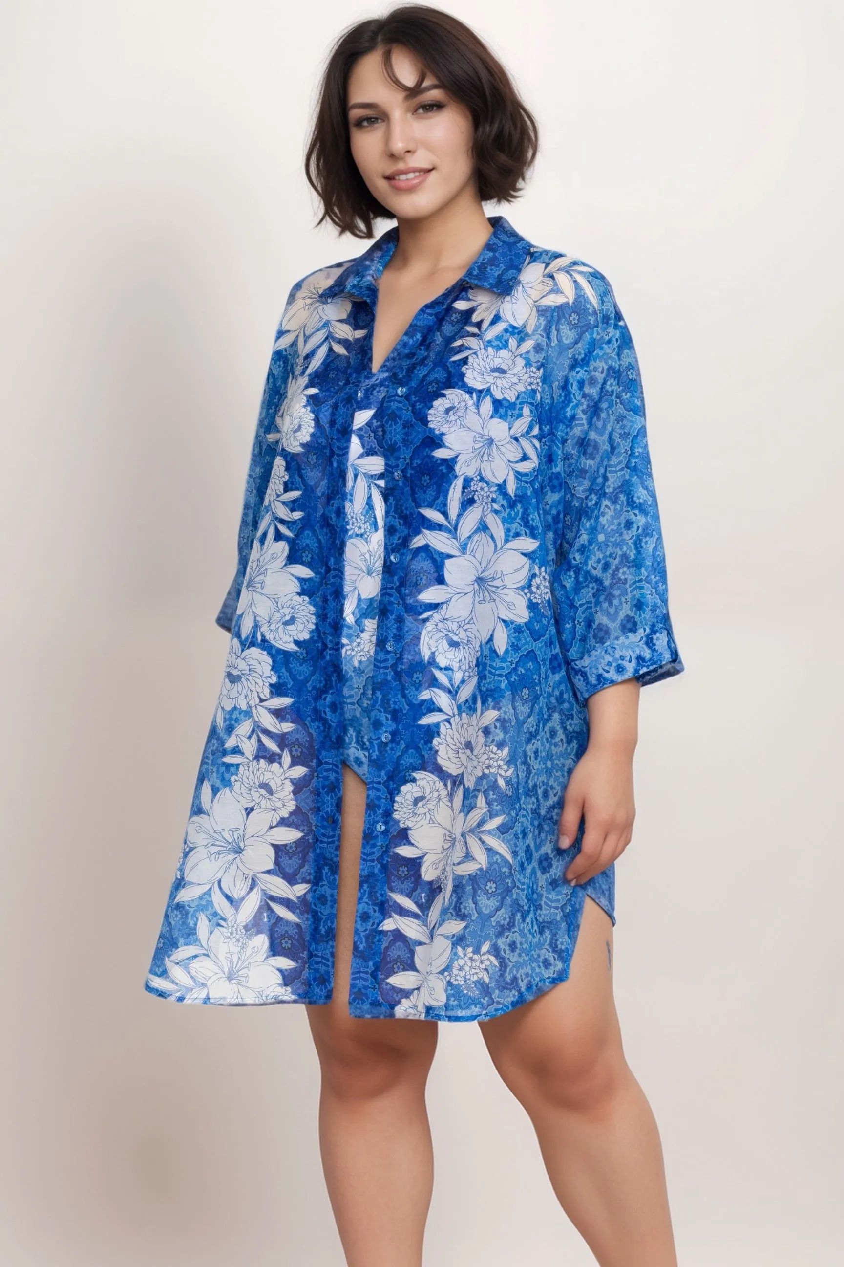 Johnny Was Blue Clio Mix Button Down Shirt Dress CSW8124-MX Plus Size