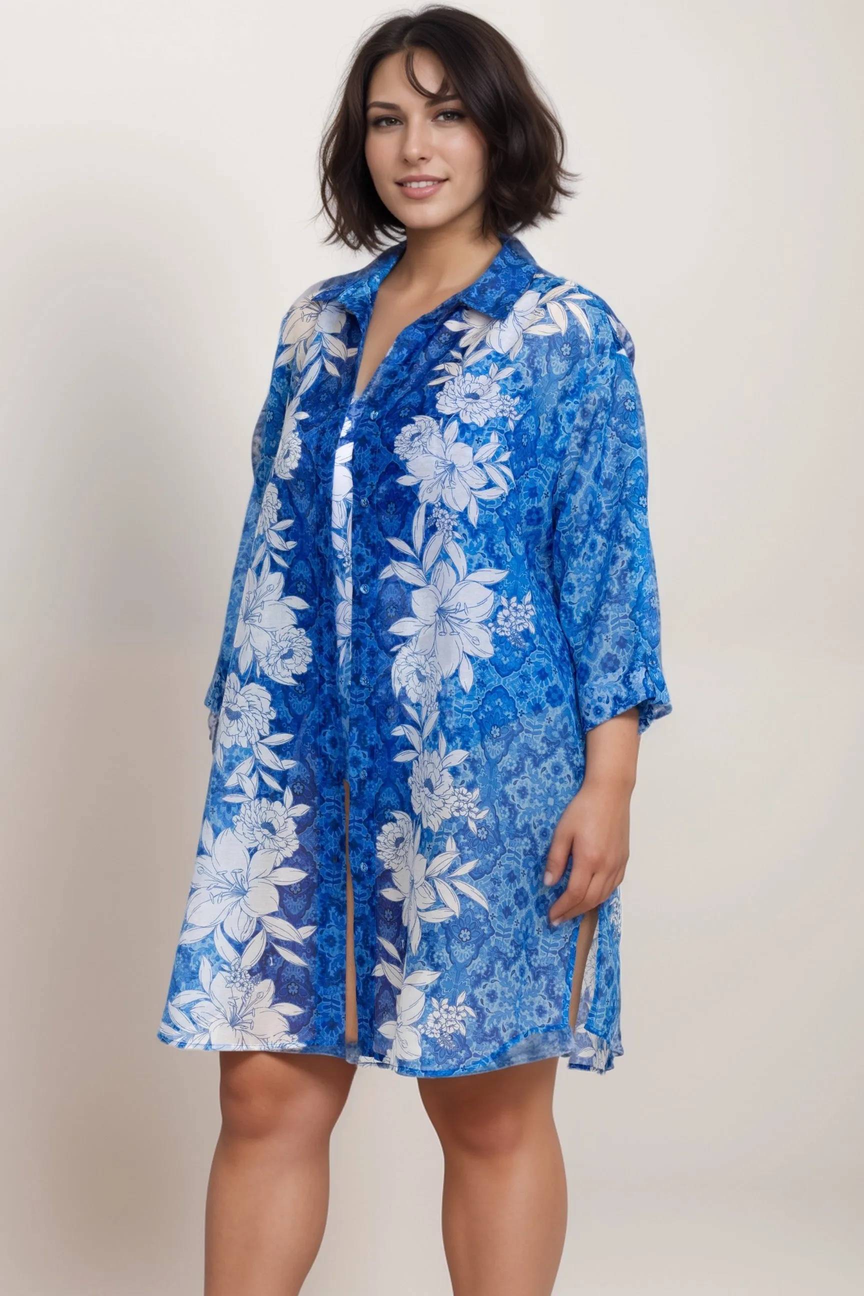 Johnny Was Blue Clio Mix Button Down Shirt Dress CSW8124-MX Plus Size
