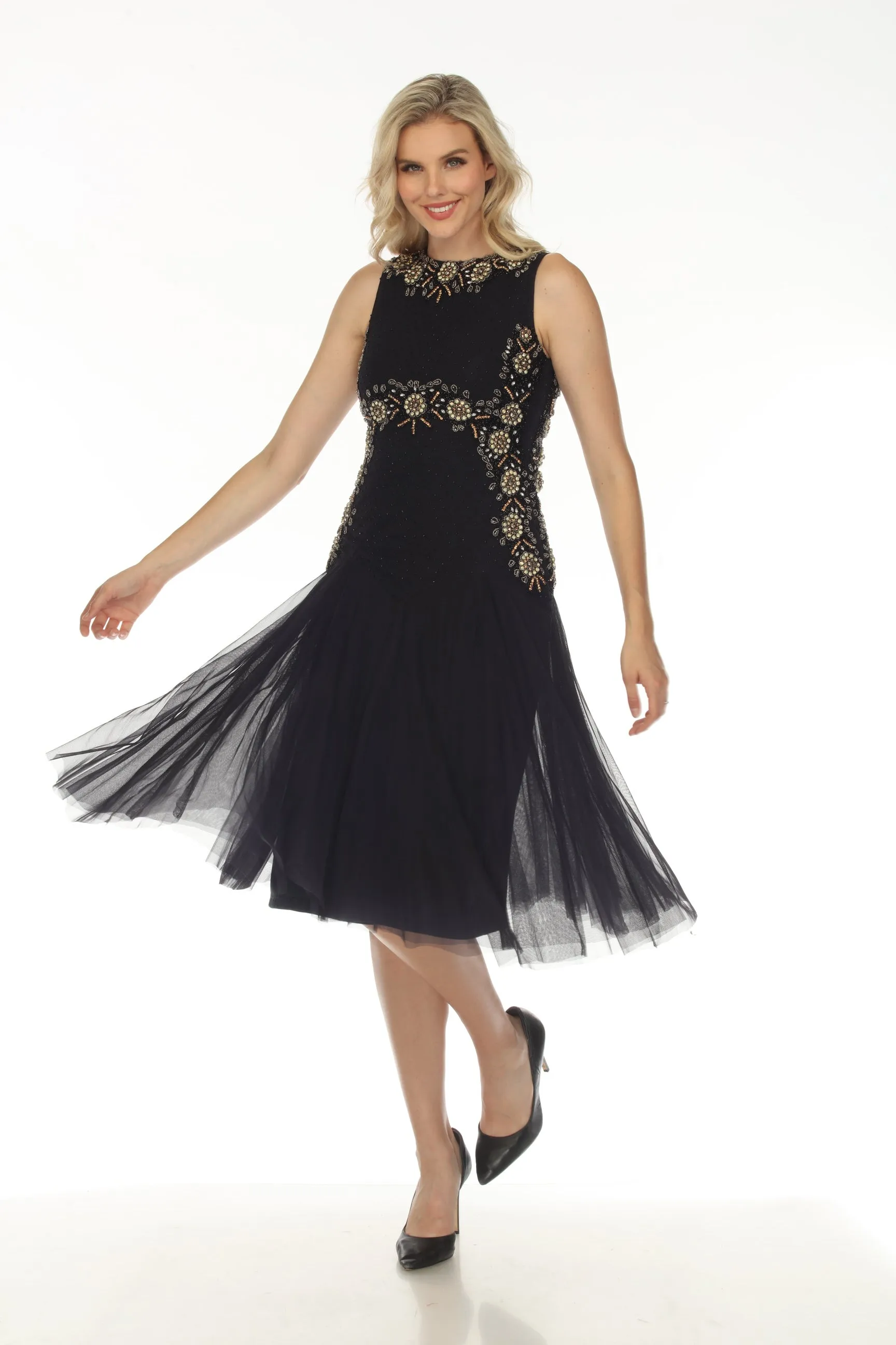 Johnny Was Golden Flower Navy Embellished Mesh Dress Boho Chic R39323