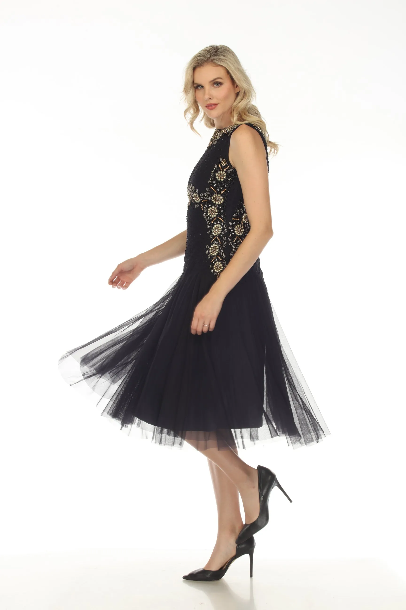 Johnny Was Golden Flower Navy Embellished Mesh Dress Boho Chic R39323