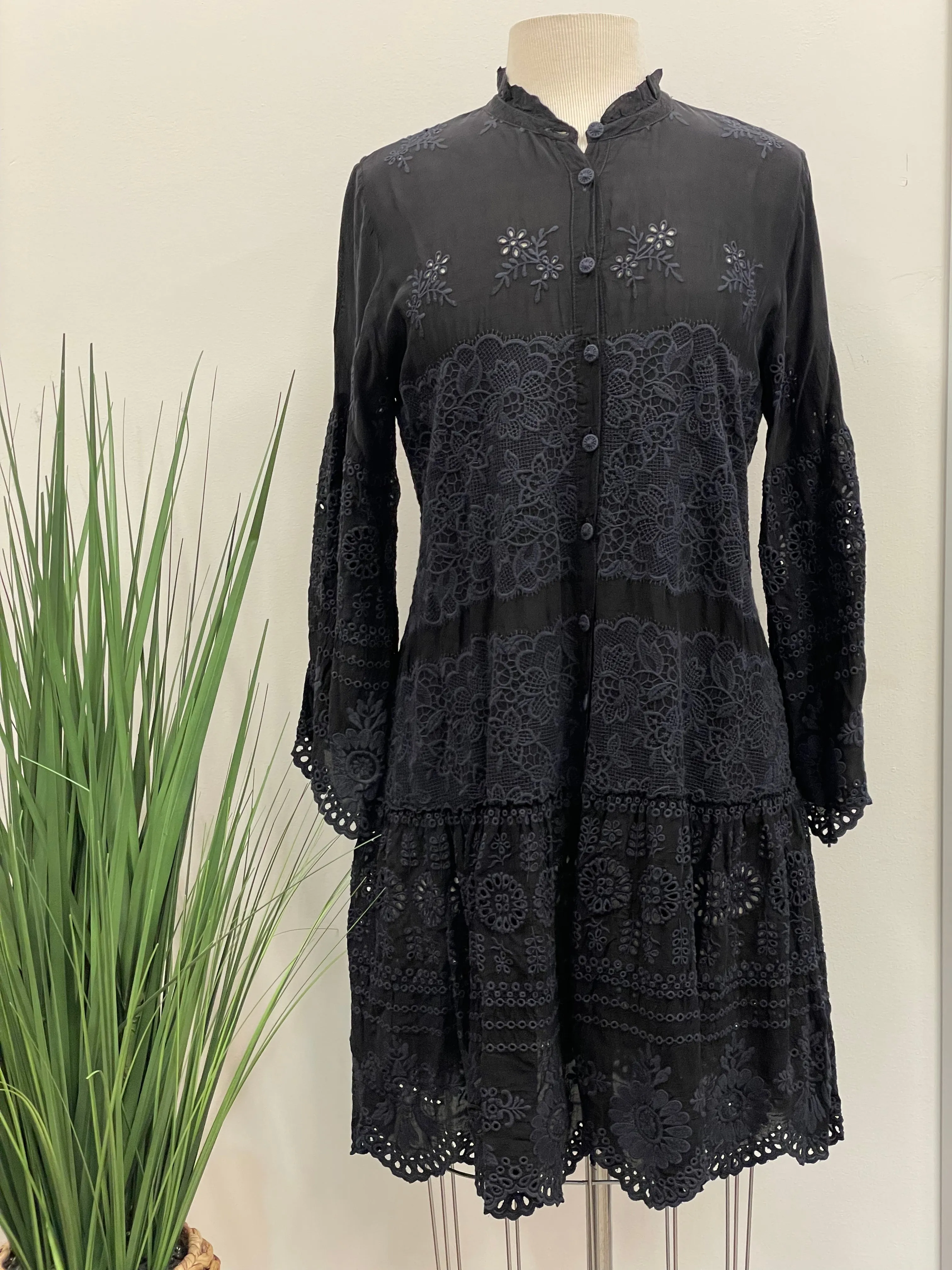 Johnny Was Lace Veleria Embroidered Eyelet Button-Down Slip Dress Boho Chic C35623