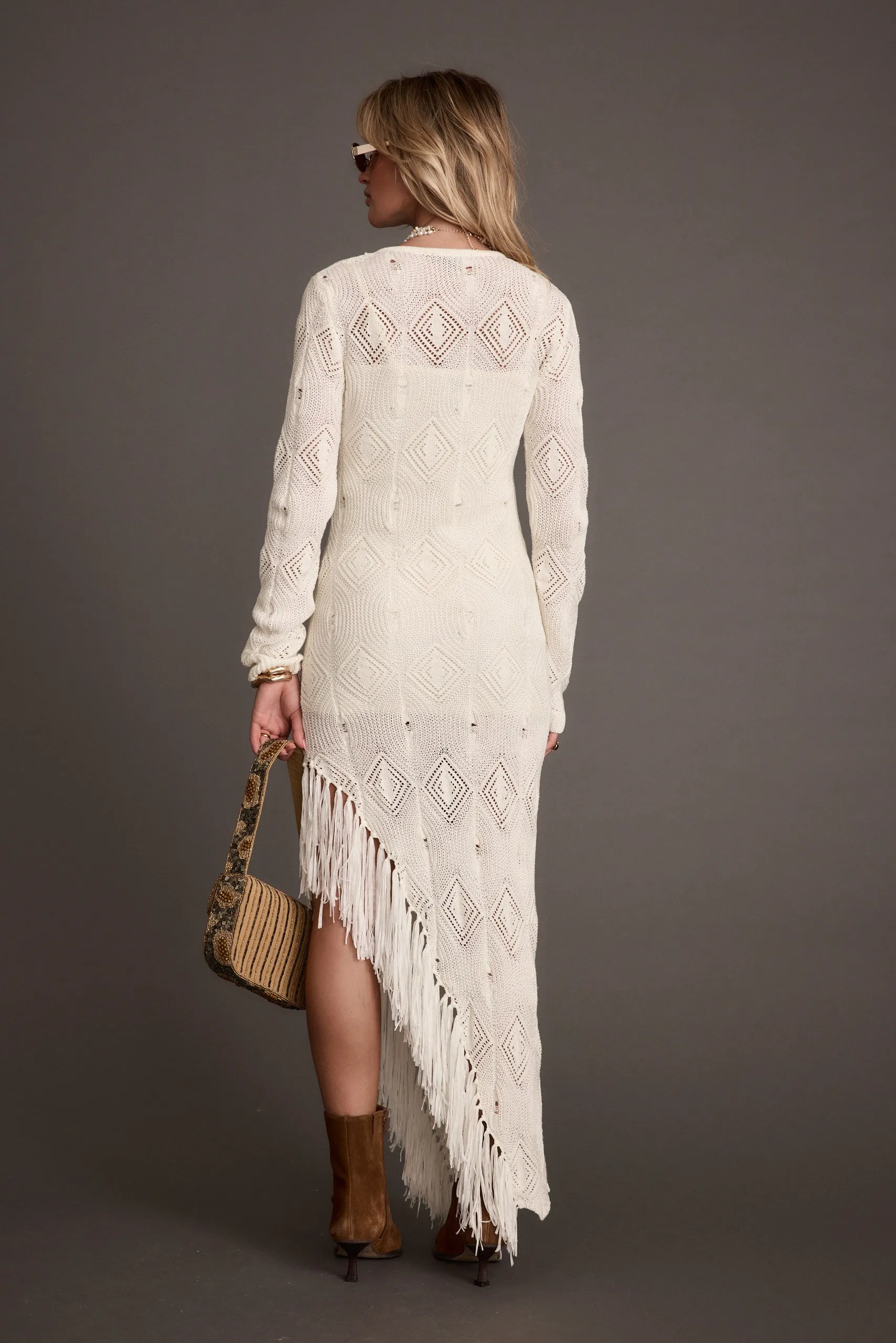 Joni White Asymmetrical Knit Long Sleeve Maxi Dress