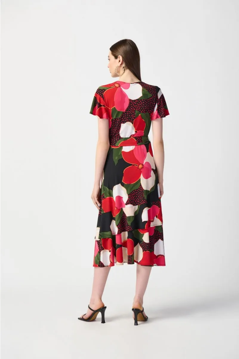 Joseph Ribkoff Black/Multi Floral Print Belted Faux Wrap Midi Dress 241285