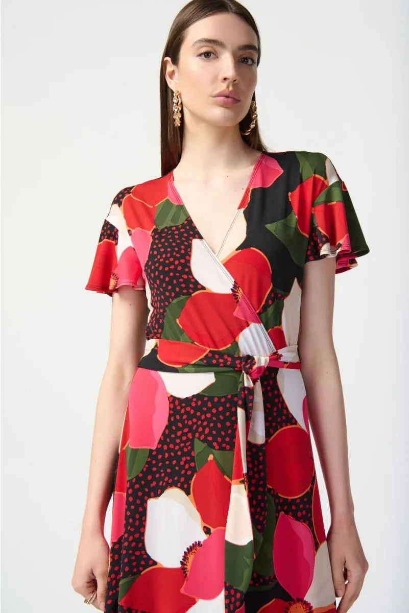 Joseph Ribkoff Black/Multi Floral Print Belted Faux Wrap Midi Dress 241285