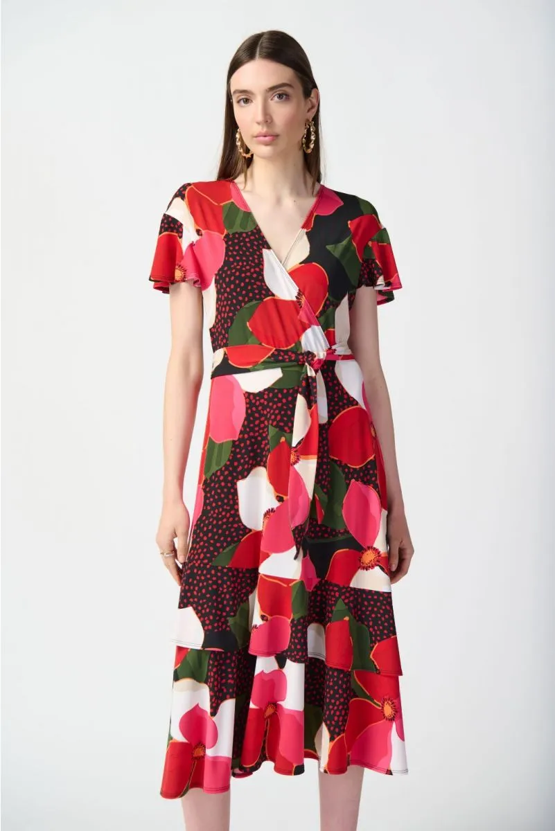 Joseph Ribkoff Black/Multi Floral Print Belted Faux Wrap Midi Dress 241285