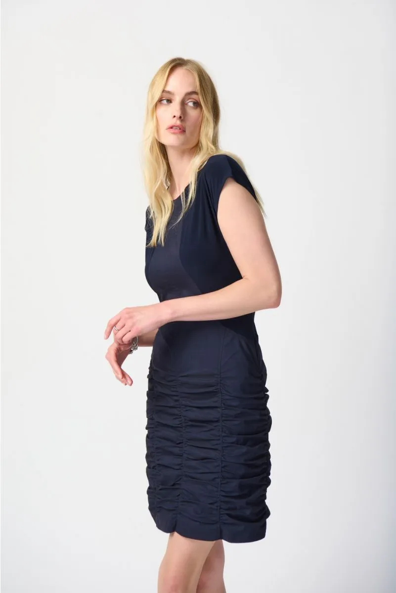 Joseph Ribkoff Midnight Blue Mixed Fabric Shirred Sheath Dress 241159