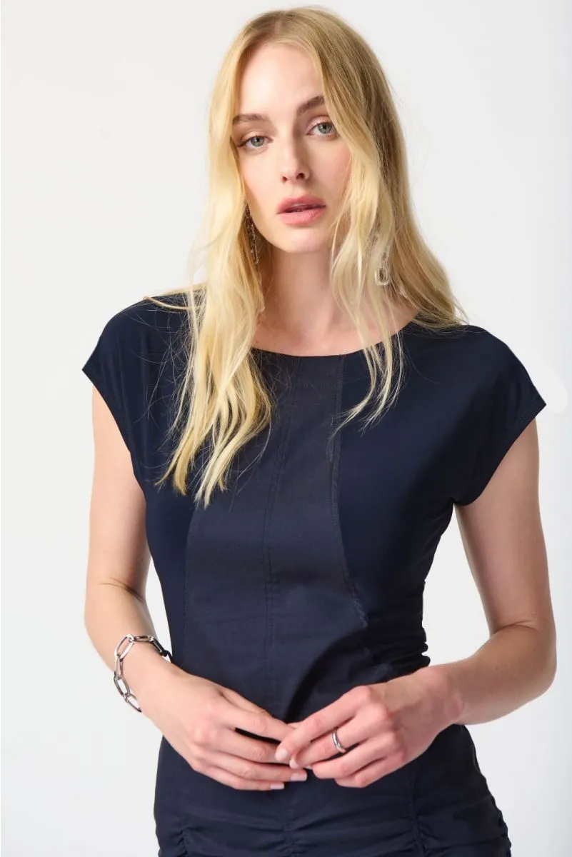 Joseph Ribkoff Midnight Blue Mixed Fabric Shirred Sheath Dress 241159