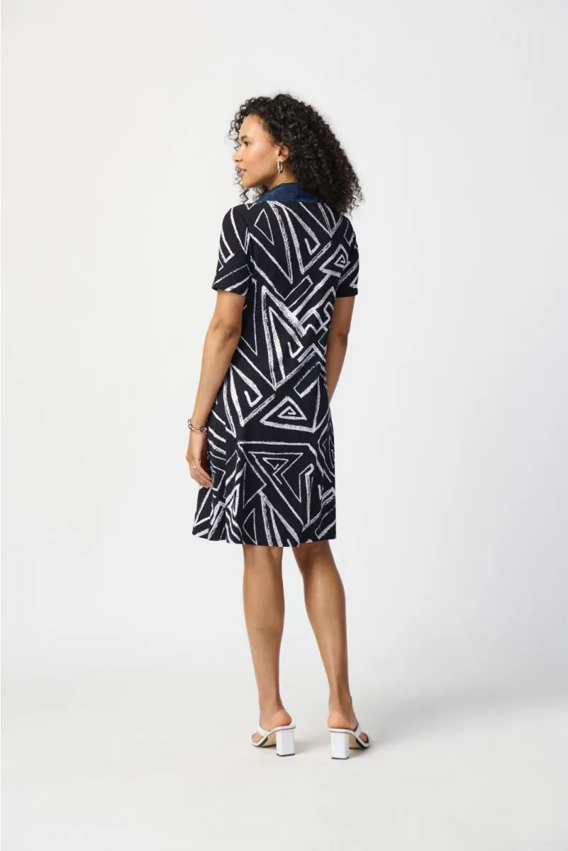 Joseph Ribkoff Midnight Blue/Vanilla Geometric Print Short Sleeve A-Line Dress 241028
