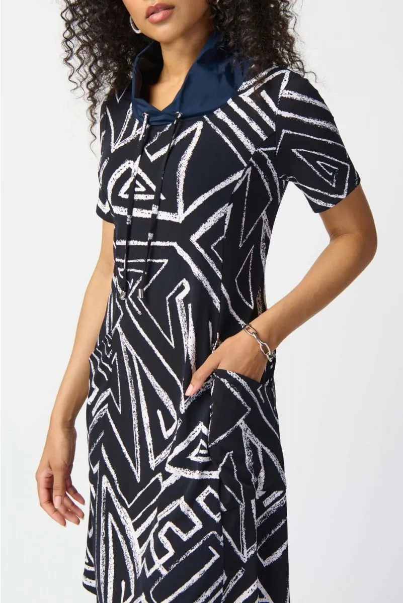 Joseph Ribkoff Midnight Blue/Vanilla Geometric Print Short Sleeve A-Line Dress 241028