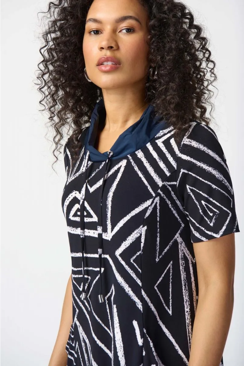 Joseph Ribkoff Midnight Blue/Vanilla Geometric Print Short Sleeve A-Line Dress 241028