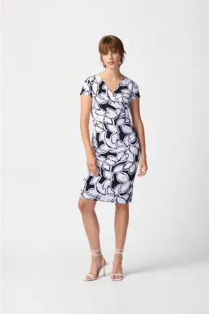 Joseph Ribkoff Midnight Blue/Vanilla Leaf Print Faux Wrap Sheath Dress 241286