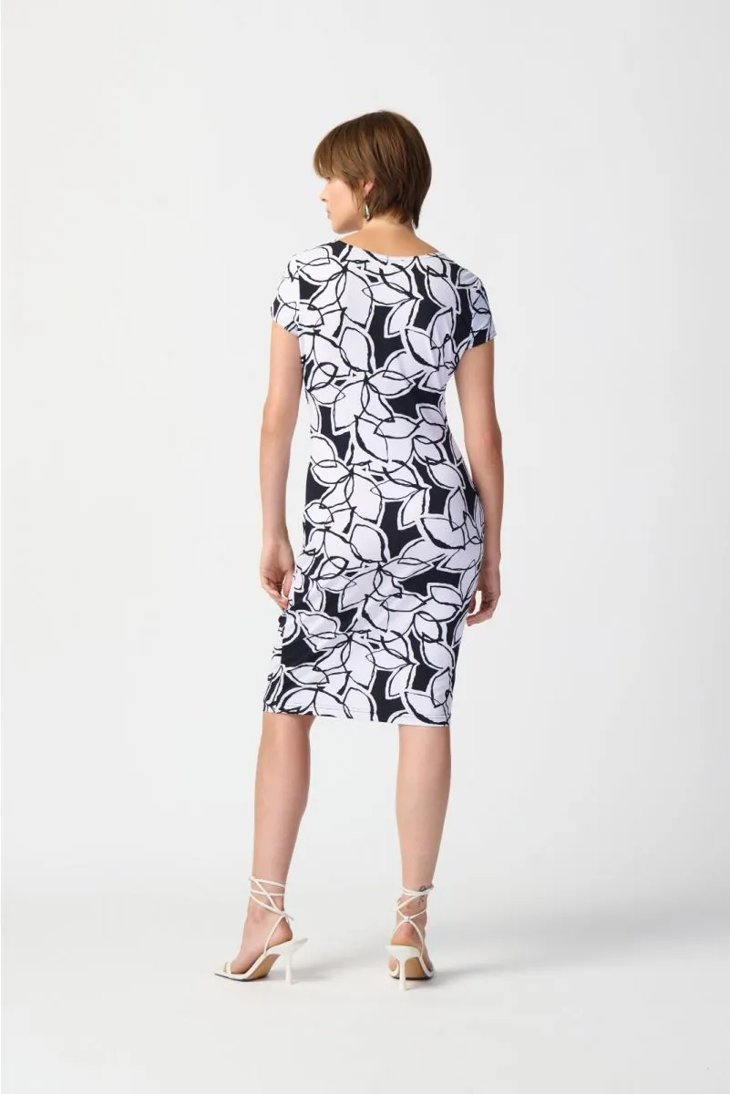 Joseph Ribkoff Midnight Blue/Vanilla Leaf Print Faux Wrap Sheath Dress 241286