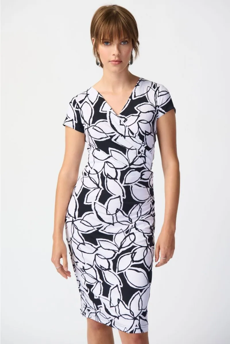 Joseph Ribkoff Midnight Blue/Vanilla Leaf Print Faux Wrap Sheath Dress 241286