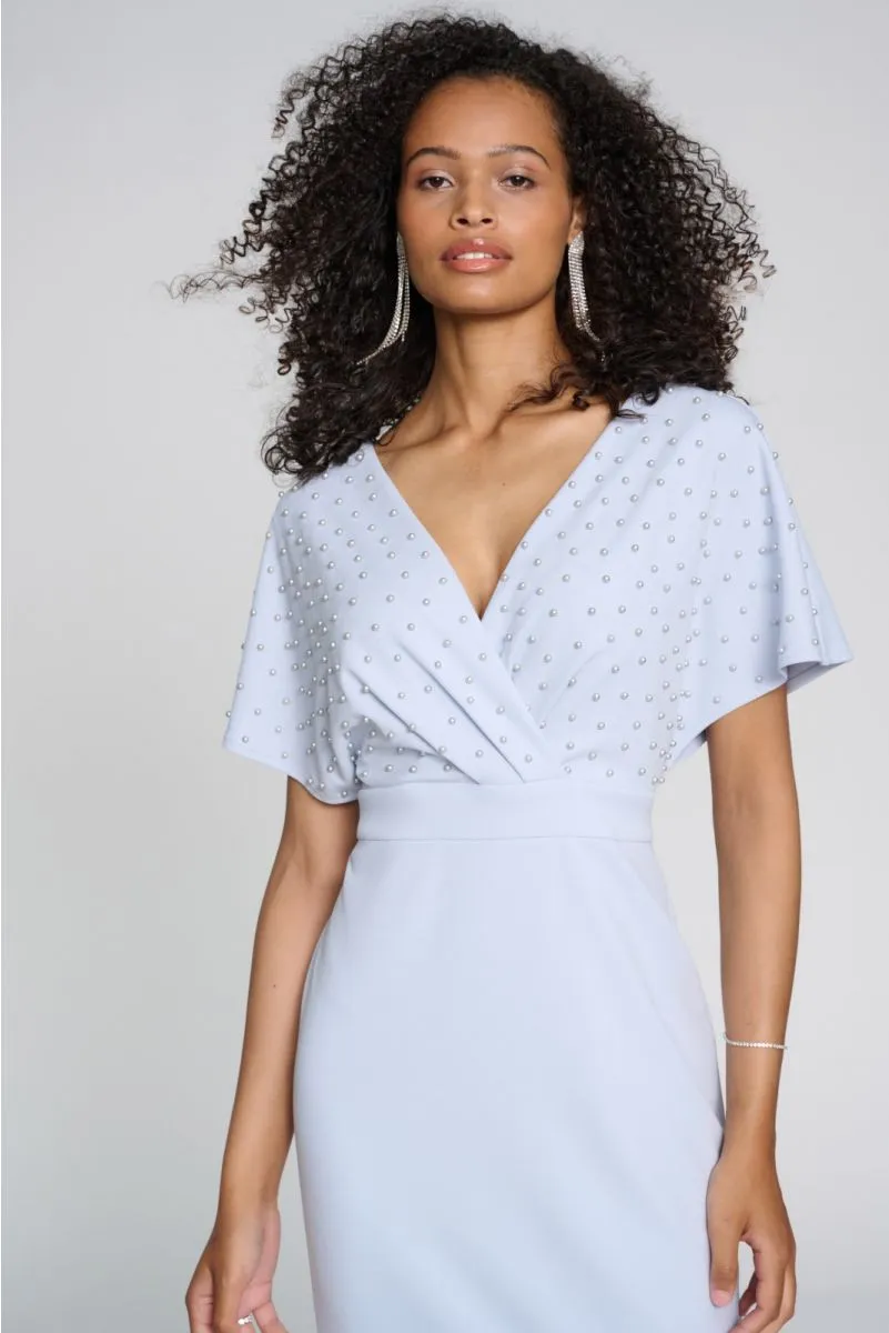 Joseph Ribkoff Pearl Embellished Faux Wrap Sheath Dress 241761