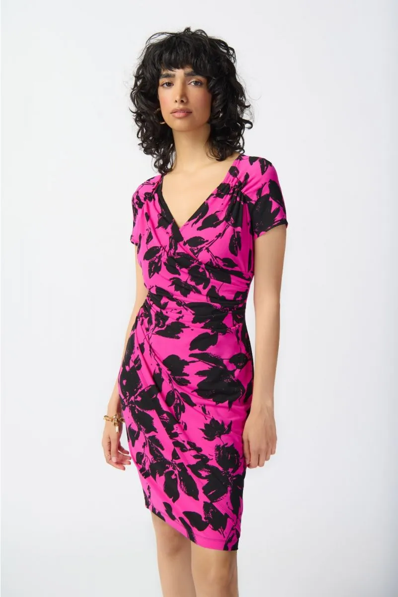 Joseph Ribkoff Pink/Black Floral Print Ruched Faux Wrap Sheath Dress 241118
