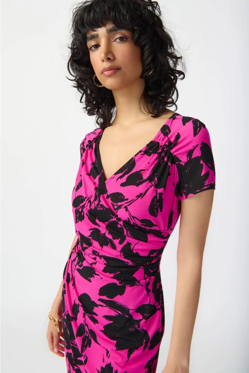 Joseph Ribkoff Pink/Black Floral Print Ruched Faux Wrap Sheath Dress 241118