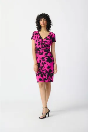 Joseph Ribkoff Pink/Black Floral Print Ruched Faux Wrap Sheath Dress 241118