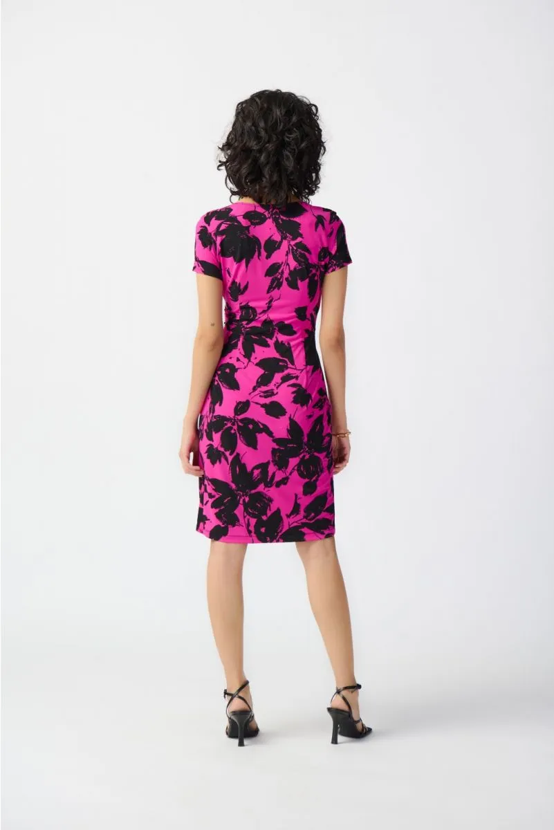 Joseph Ribkoff Pink/Black Floral Print Ruched Faux Wrap Sheath Dress 241118