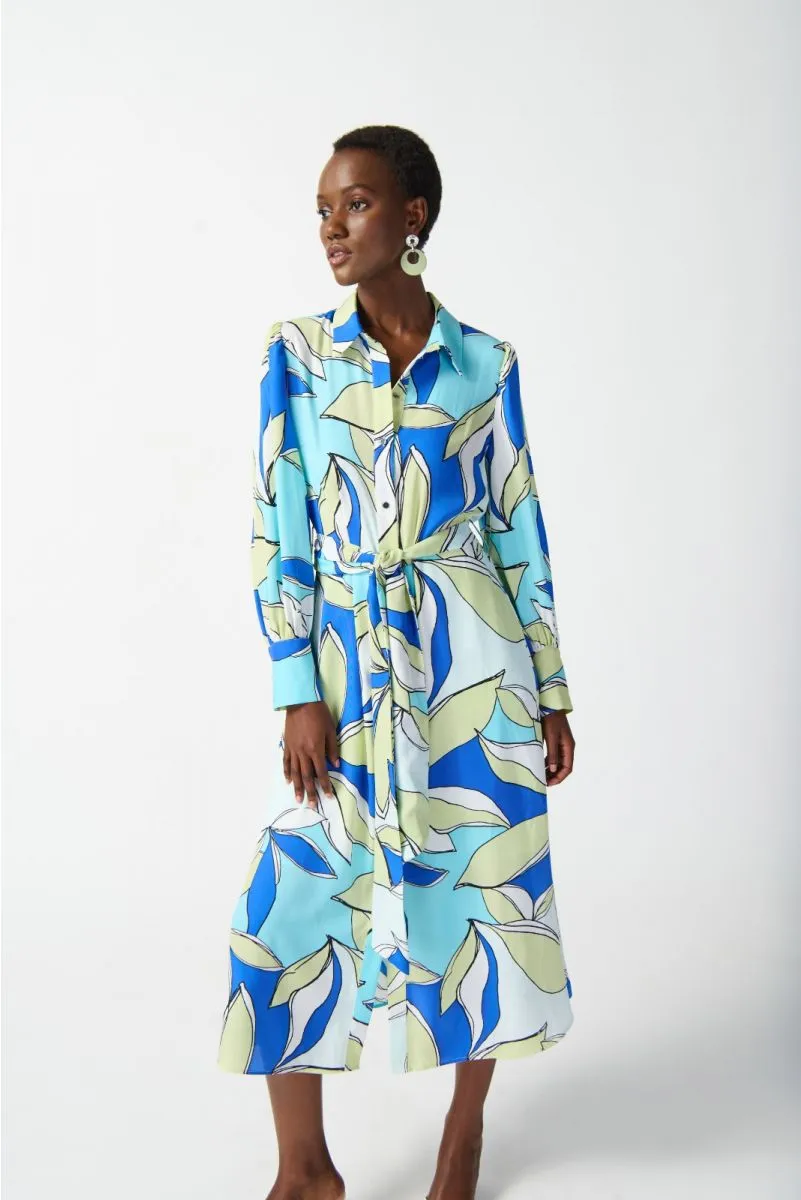Joseph Ribkoff Vanilla/Multi Leaf Print Waist Tie Midi Shirt Dress 242911