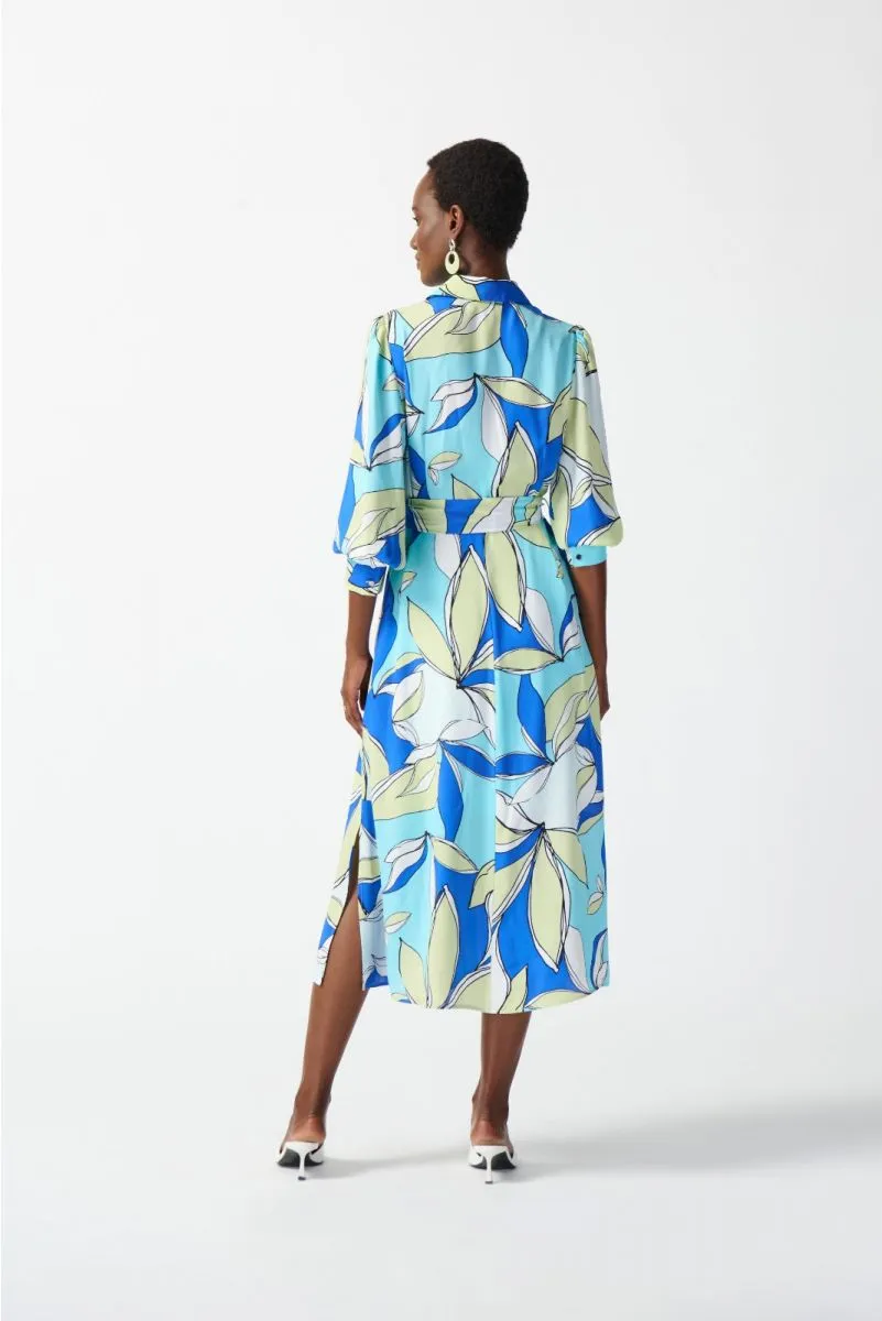 Joseph Ribkoff Vanilla/Multi Leaf Print Waist Tie Midi Shirt Dress 242911